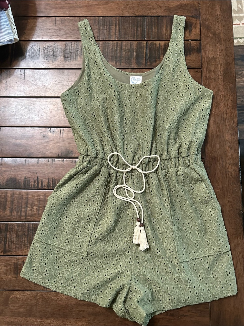 Blue Rain Olive Eyelet Tank Romper with Tassel Tie